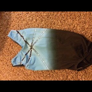 Blue and black gymnastics leotard